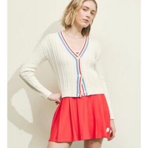 Prince Pickleball Cable Knit Cardigan Cream Red Blue Trim Cropped L